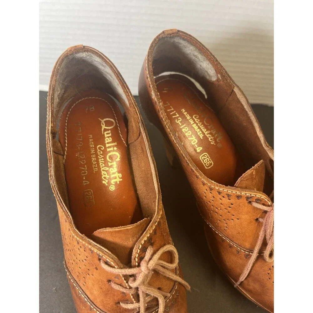 Vintage 70’s Quali Craft Casualettes Shoes Wing Tip Leather Brazil Wood Heels 7b